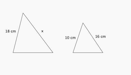 Trekanten til venstre har 18 cm og x cm lange sider. Tilsvarende sider på trekanten til høyre er 10 cm og 16 cm.